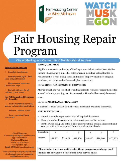 Fair Housing Repair Program Application - City of Muskegon, Michigan Download Pdf
