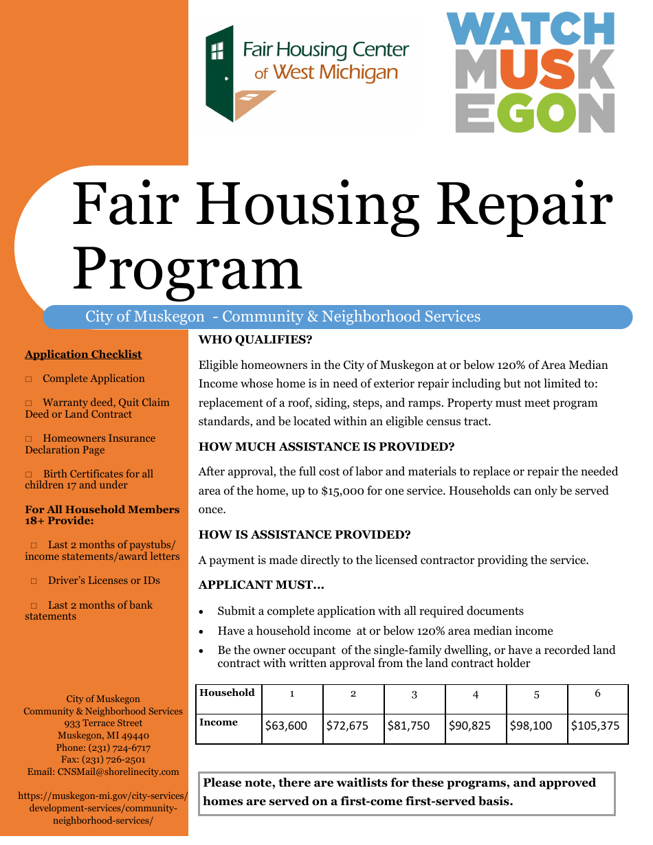 City of Muskegon, Michigan Fair Housing Repair Program Application