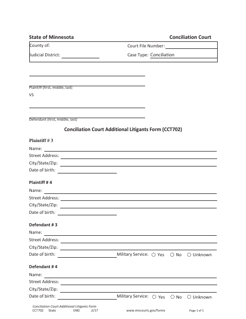 Form CCT702 Conciliation Court Additional Litigants Form - Minnesota