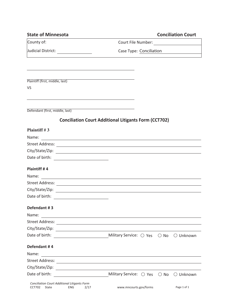 Form CCT702 Conciliation Court Additional Litigants Form - Minnesota, Page 1