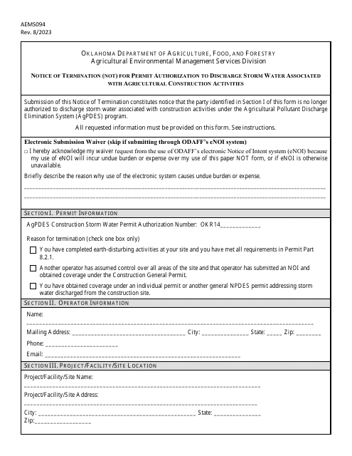 Form AEMS094 Notice of Termination (Not) for Permit Authorization to Discharge Storm Water Associated With Agricultural Construction Activities - Oklahoma
