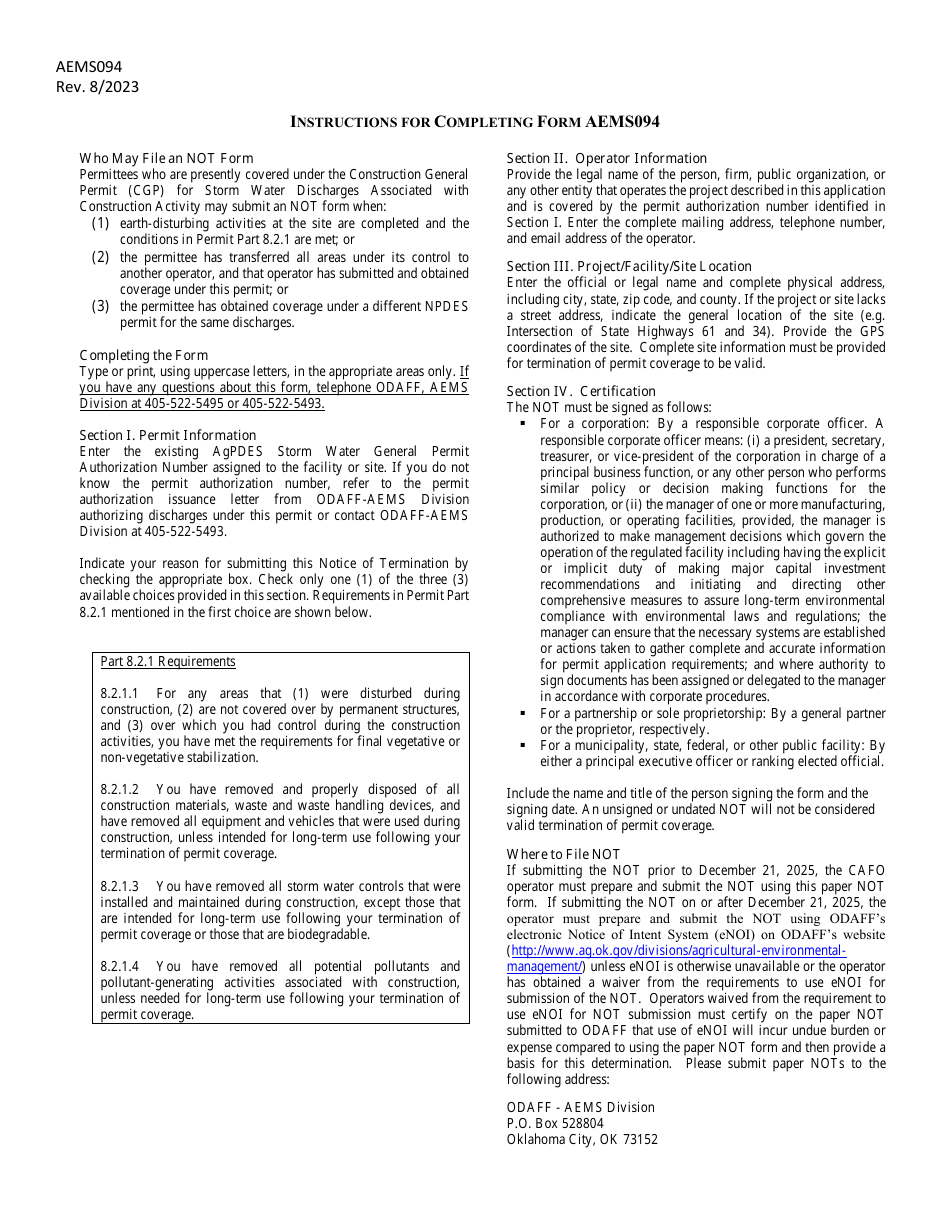 Form AEMS094 Notice of Termination (Not) for Permit Authorization to Discharge Storm Water Associated With Agricultural Construction Activities - Oklahoma, Page 3