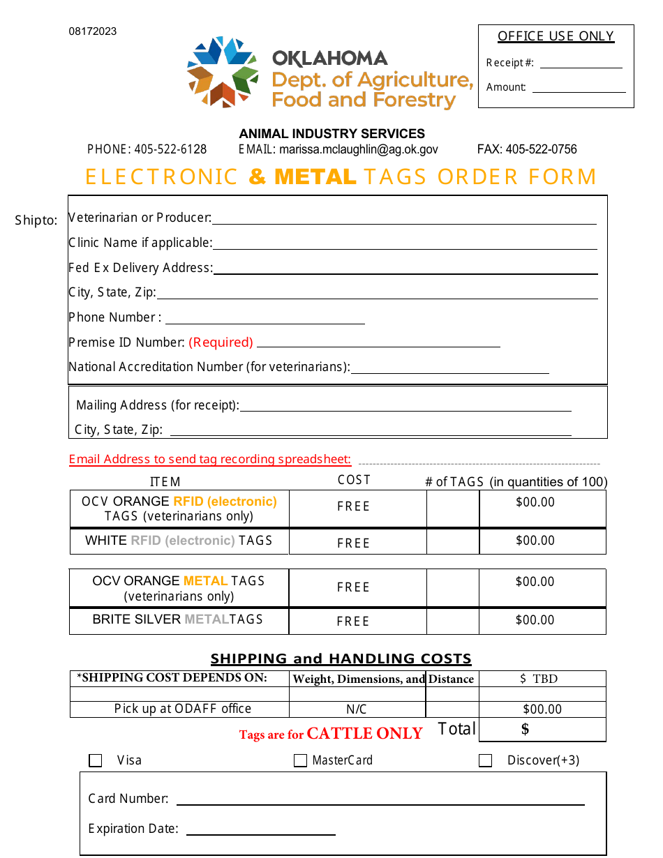 Electronic  Metal Tags Order Form - Oklahoma, Page 1