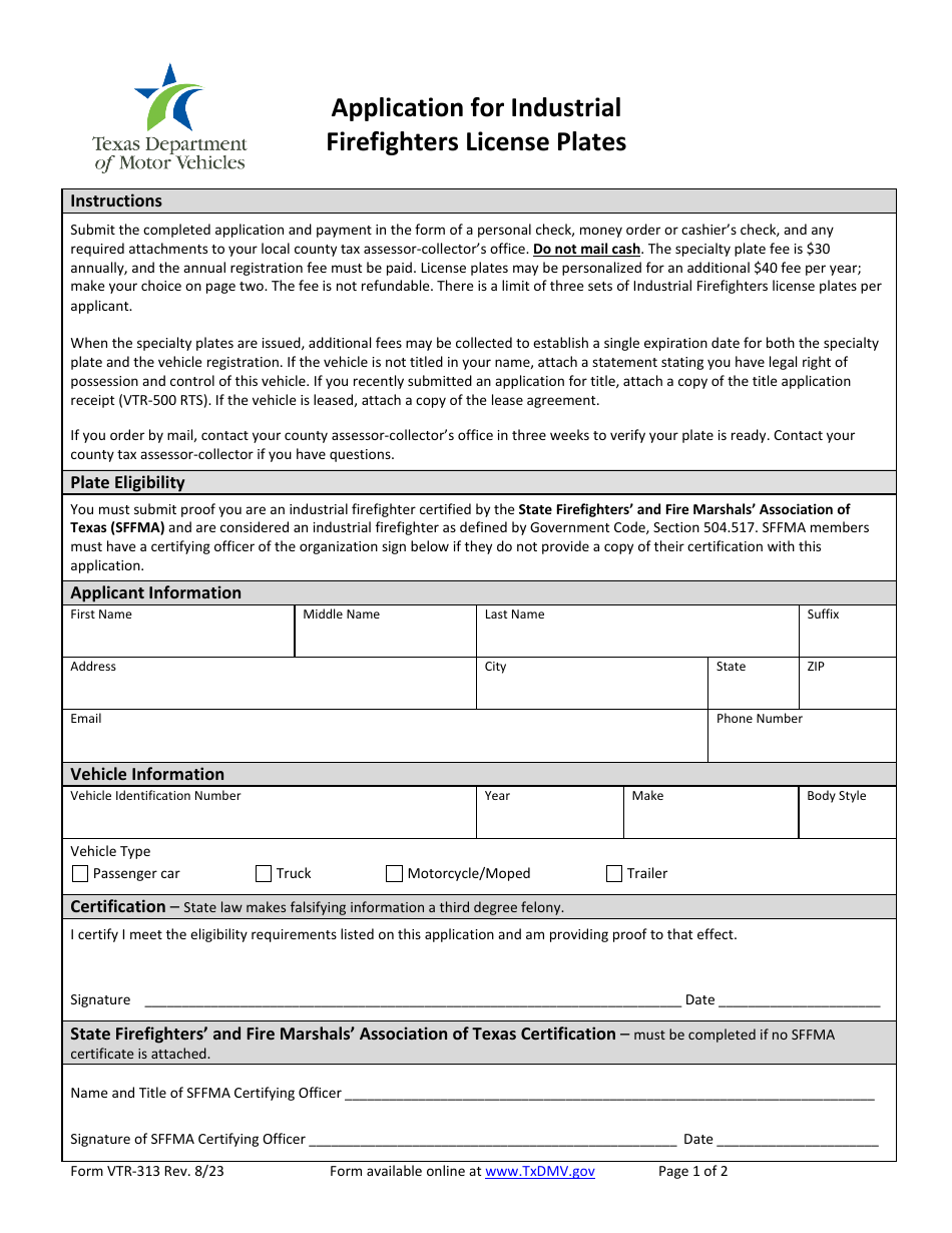 Form VTR-313 Application for Industrial Firefighters License Plates - Texas, Page 1