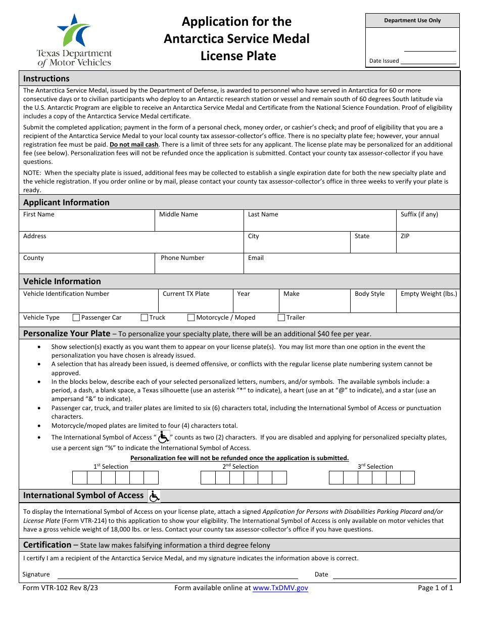Form VTR-102 Application for the Antarctica Service Medal License Plate - Texas, Page 1