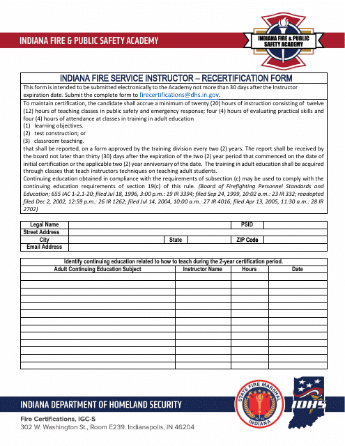 Indiana Fire Service Instructor - Recertification Form - Indiana Download Pdf