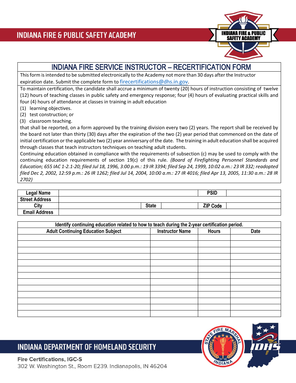 Indiana Fire Service Instructor - Recertification Form - Indiana, Page 1