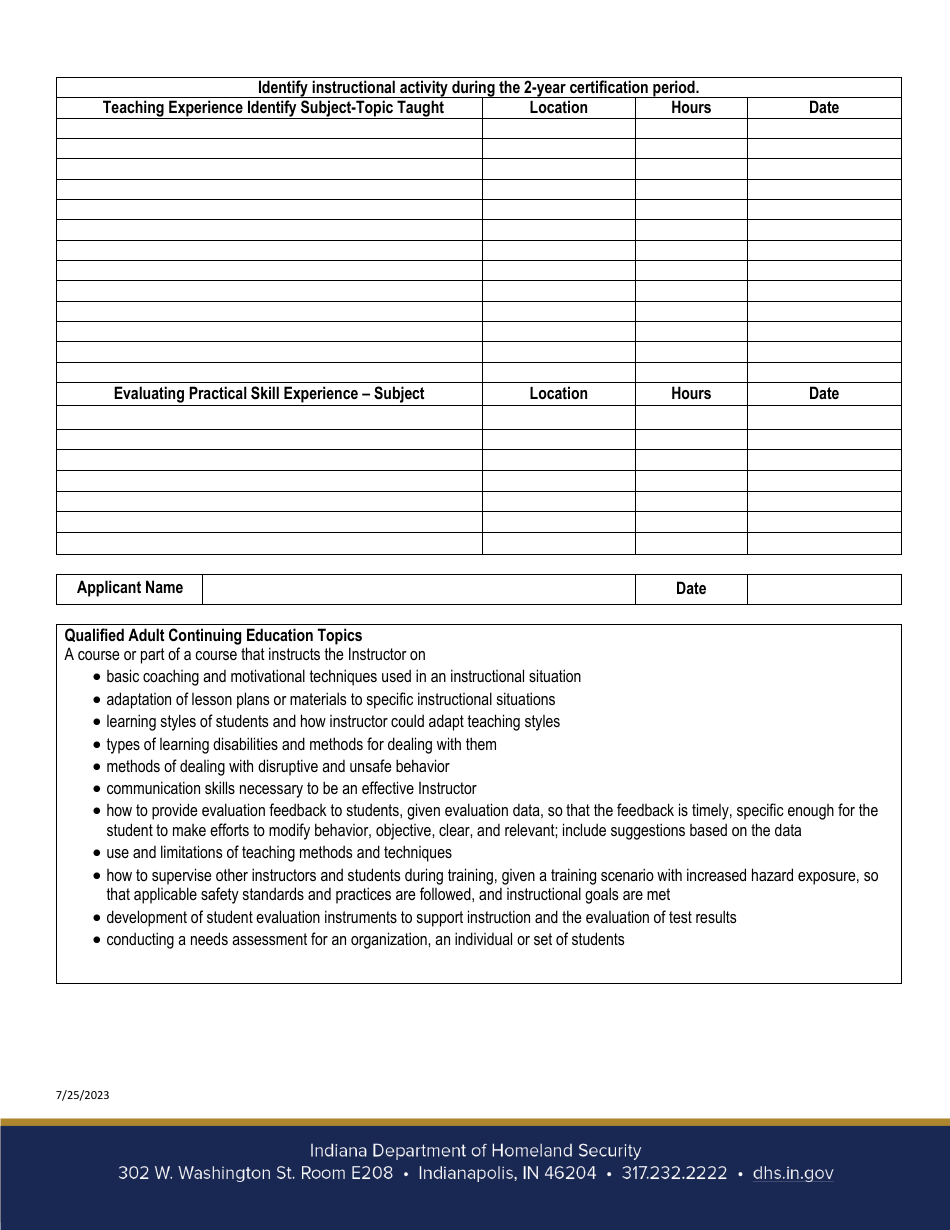 Indiana Fire Service Instructor - Recertification Form - Indiana, Page 2