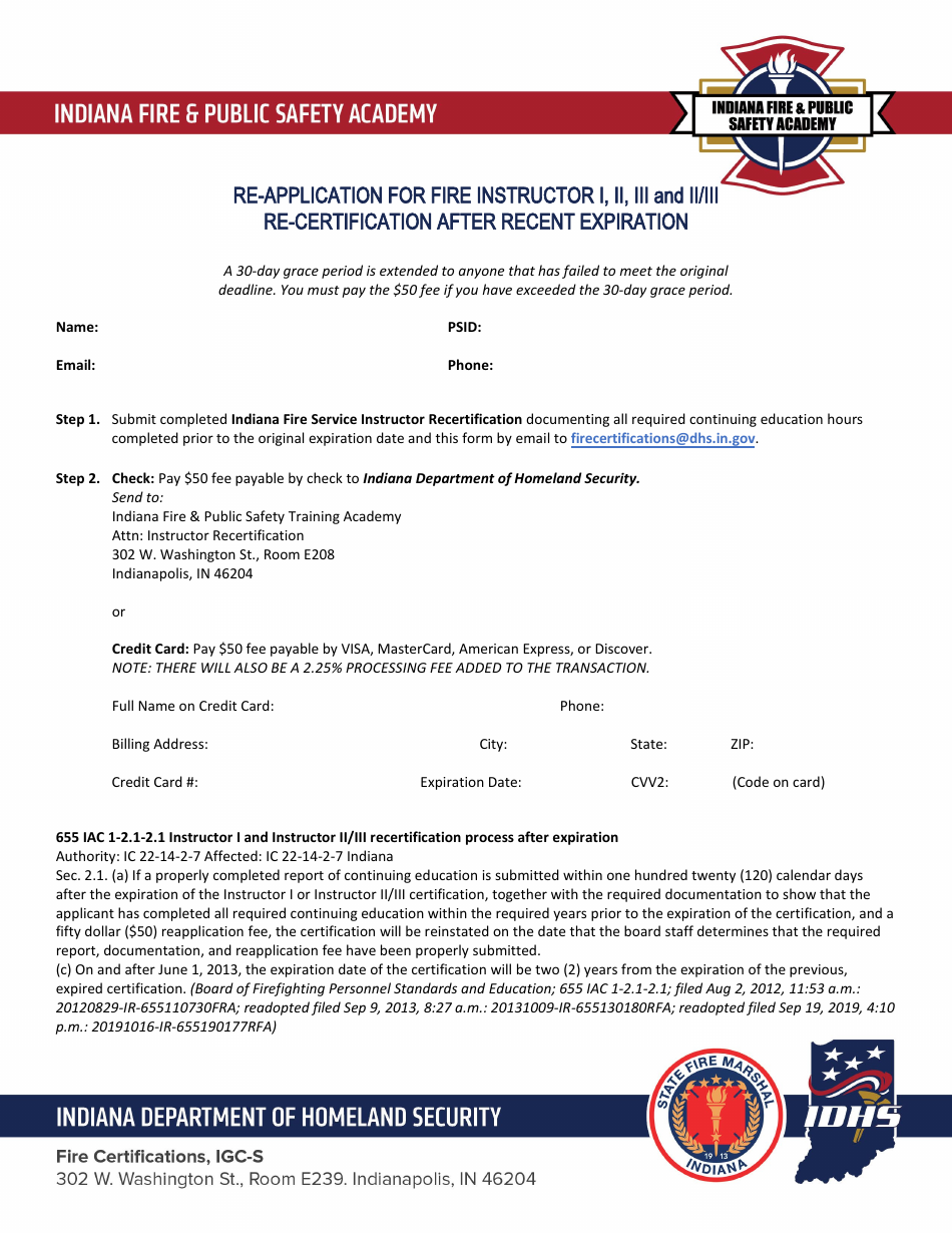 Re-application for Fire Instructor I, II, Iii and II / Iii Re-certification After Recent Expiration - Indiana, Page 1