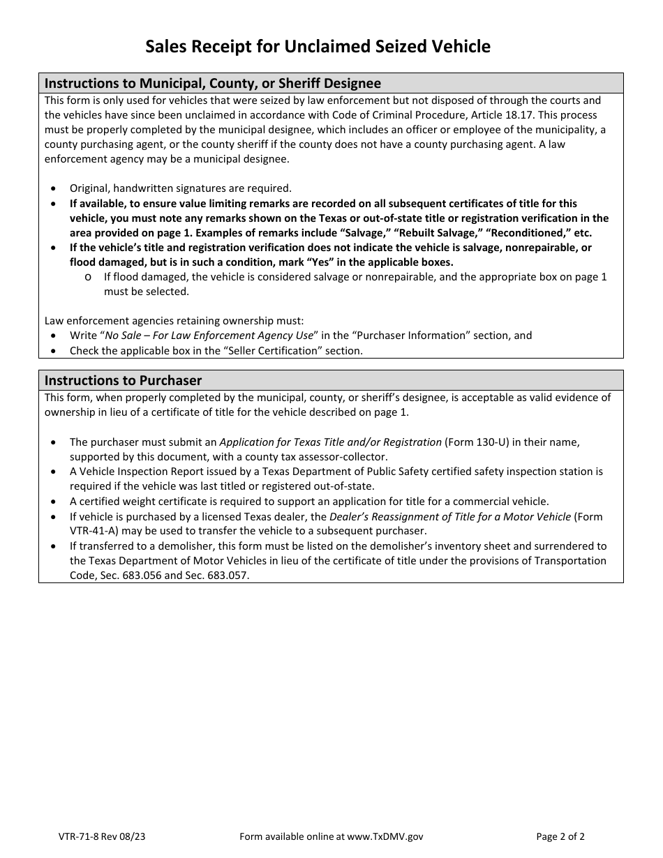 Form VTR-71-8 Sales Receipt for Unclaimed Seized Vehicle - Texas, Page 2