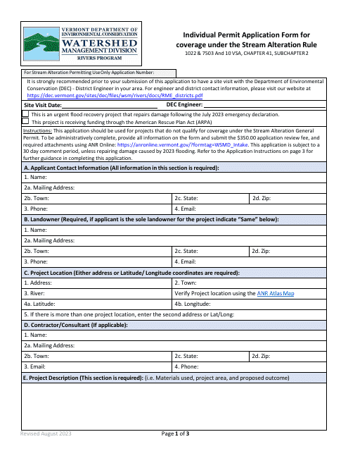 Individual Permit Application Form for Coverage Under the Stream Alteration Rule - Vermont Download Pdf