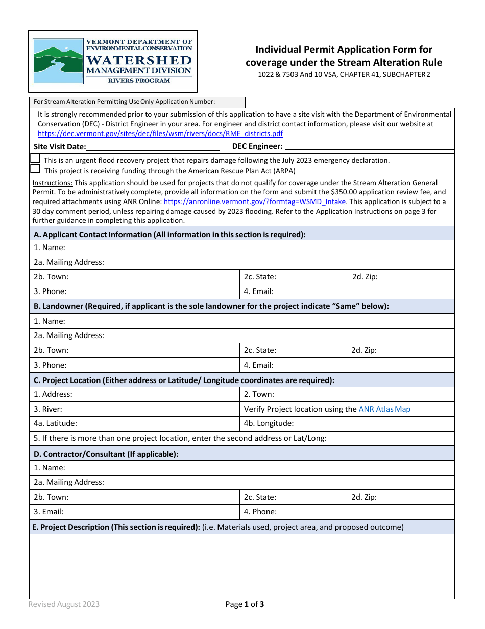 Individual Permit Application Form for Coverage Under the Stream Alteration Rule - Vermont, Page 1