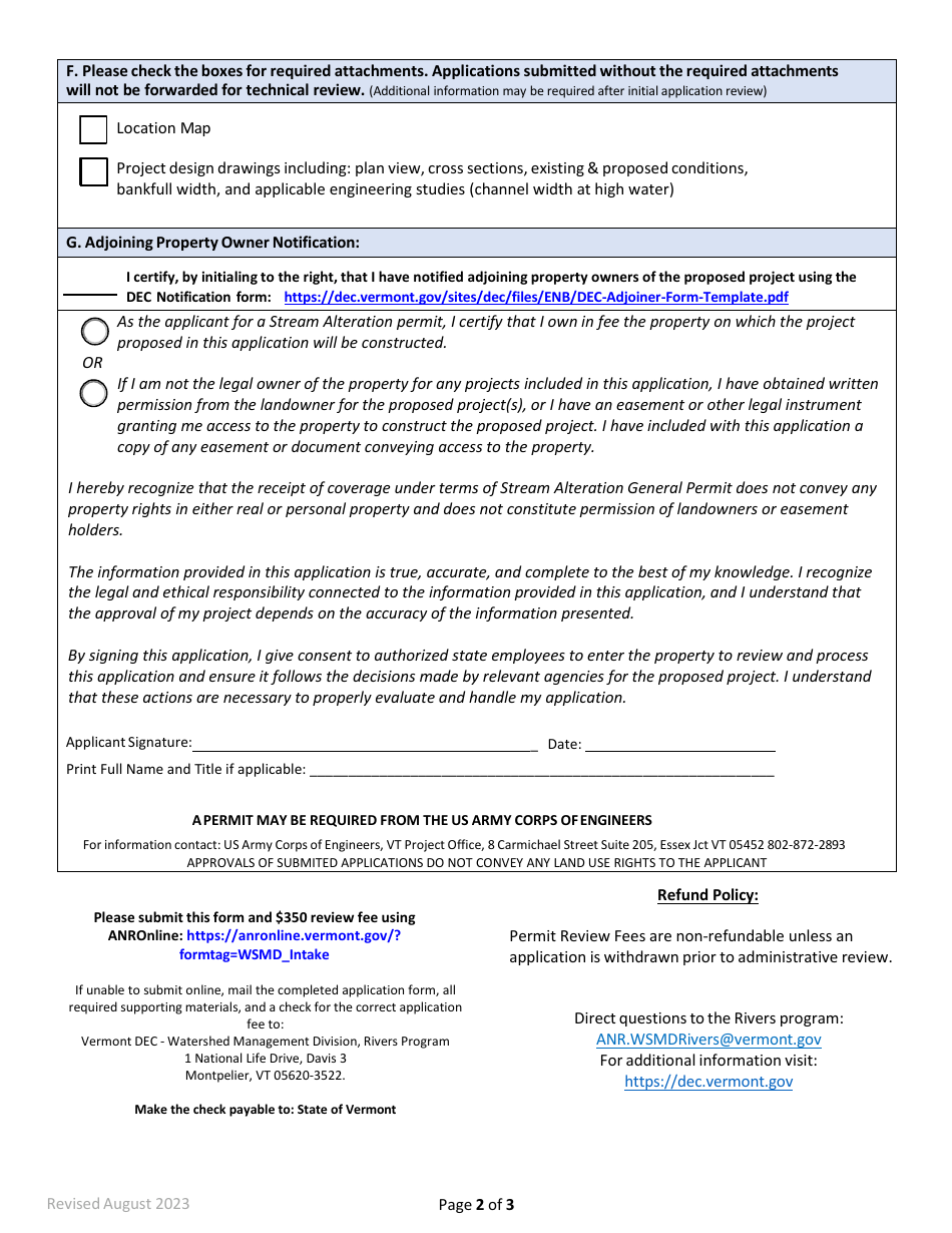 Individual Permit Application Form for Coverage Under the Stream Alteration Rule - Vermont, Page 2
