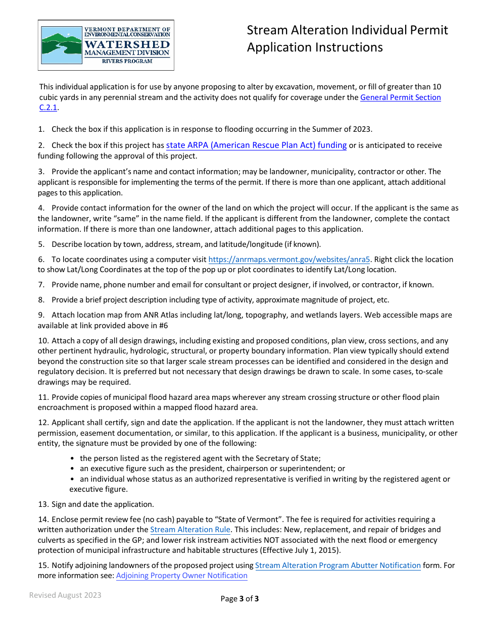 Individual Permit Application Form for Coverage Under the Stream Alteration Rule - Vermont, Page 3