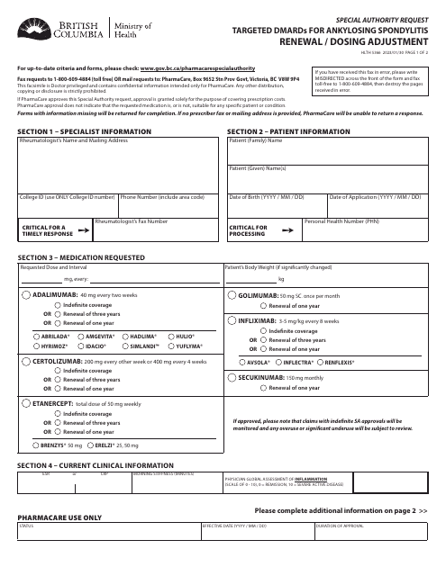 Form HLTH5366 Special Authority Request - Targeted Dmards for Ankylosing Spondylitis Renewal/Dosing Adjustment - British Columbia, Canada