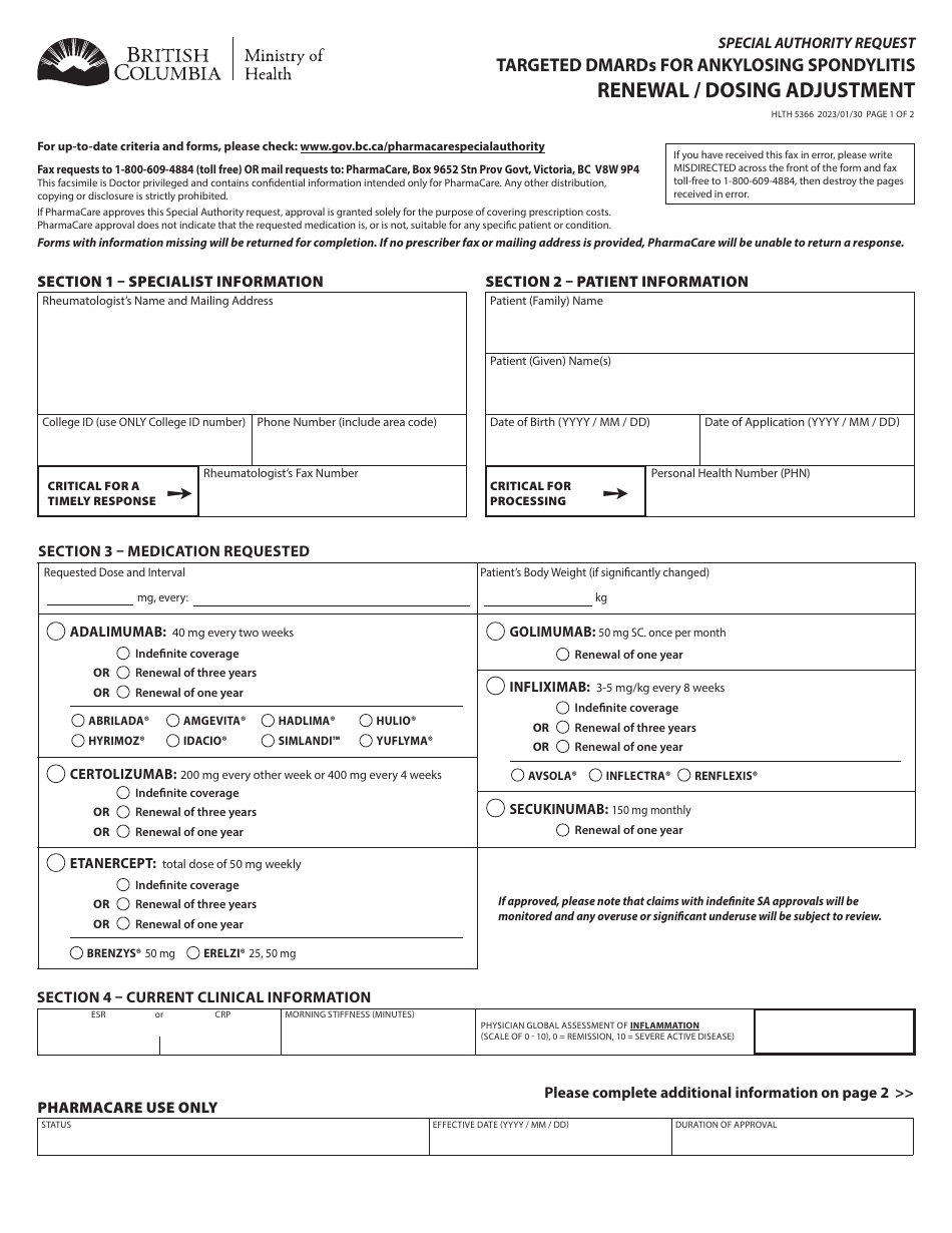 Form HLTH5366 Special Authority Request - Targeted Dmards for Ankylosing Spondylitis Renewal / Dosing Adjustment - British Columbia, Canada, Page 1