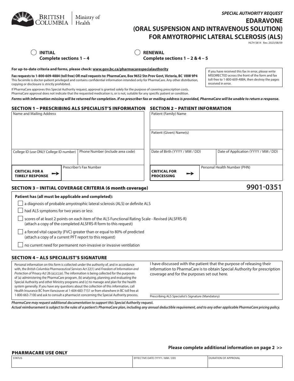 Form HLTH5814 Special Authority Request - Edaravone (Oral Suspension and Intravenous Solution) for Amyotrophic Lateral Sclerosis (Als) - British Columbia, Canada, Page 1