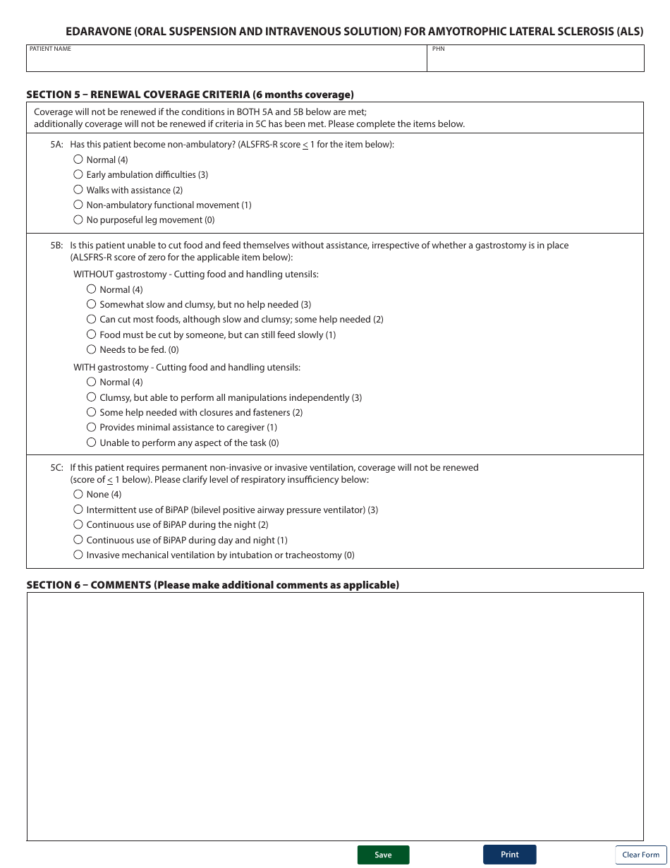 Form HLTH5814 Special Authority Request - Edaravone (Oral Suspension and Intravenous Solution) for Amyotrophic Lateral Sclerosis (Als) - British Columbia, Canada, Page 2