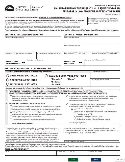 Form HLTH5338 Special Authority Request - Dalteparin/Enoxaparin (Biosimilar)/Nadropari/Tinzaparin Low Molecular Weight Heparin - British Columbia, Canada