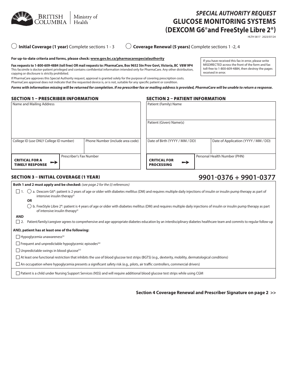 Form HLTH5817 Special Authority Request - Glucose Monitoring Systems (Dexcom G6 and Freestyle Libre 2) - British Columbia, Canada, Page 1