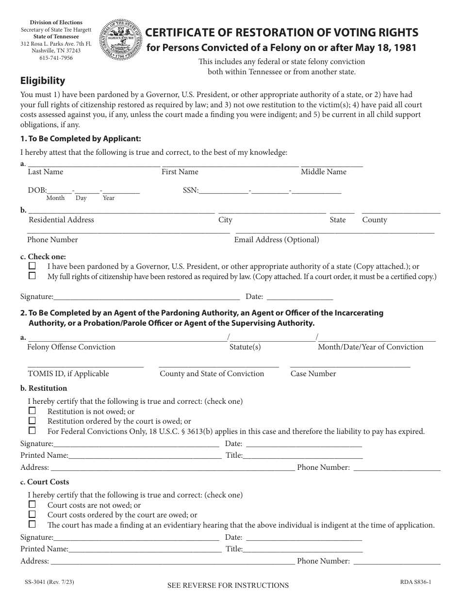 Form SS-3041 Download Printable PDF or Fill Online Certificate of ...