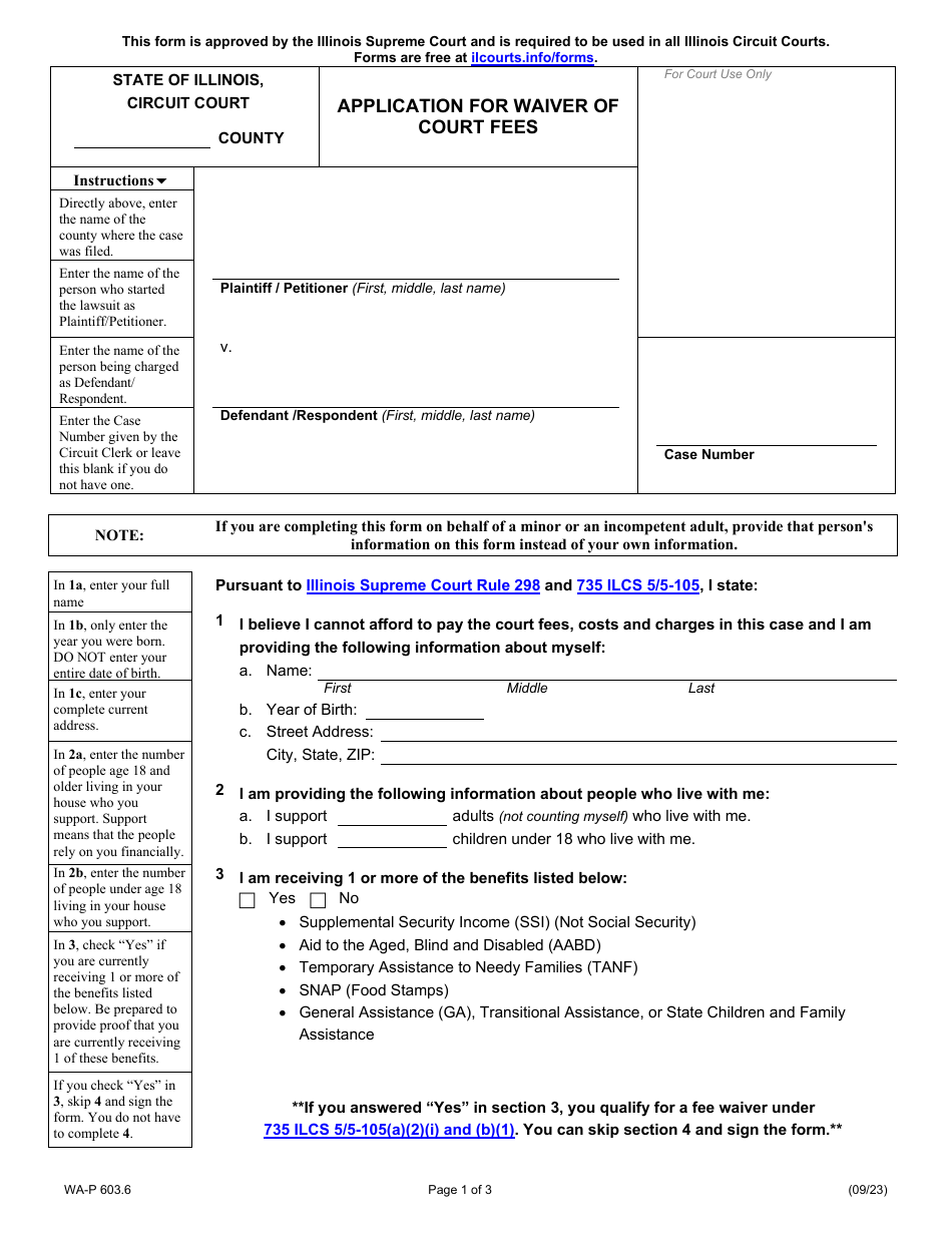 Form WA-P603.6 Application for Waiver of Court Fees - Illinois, Page 1