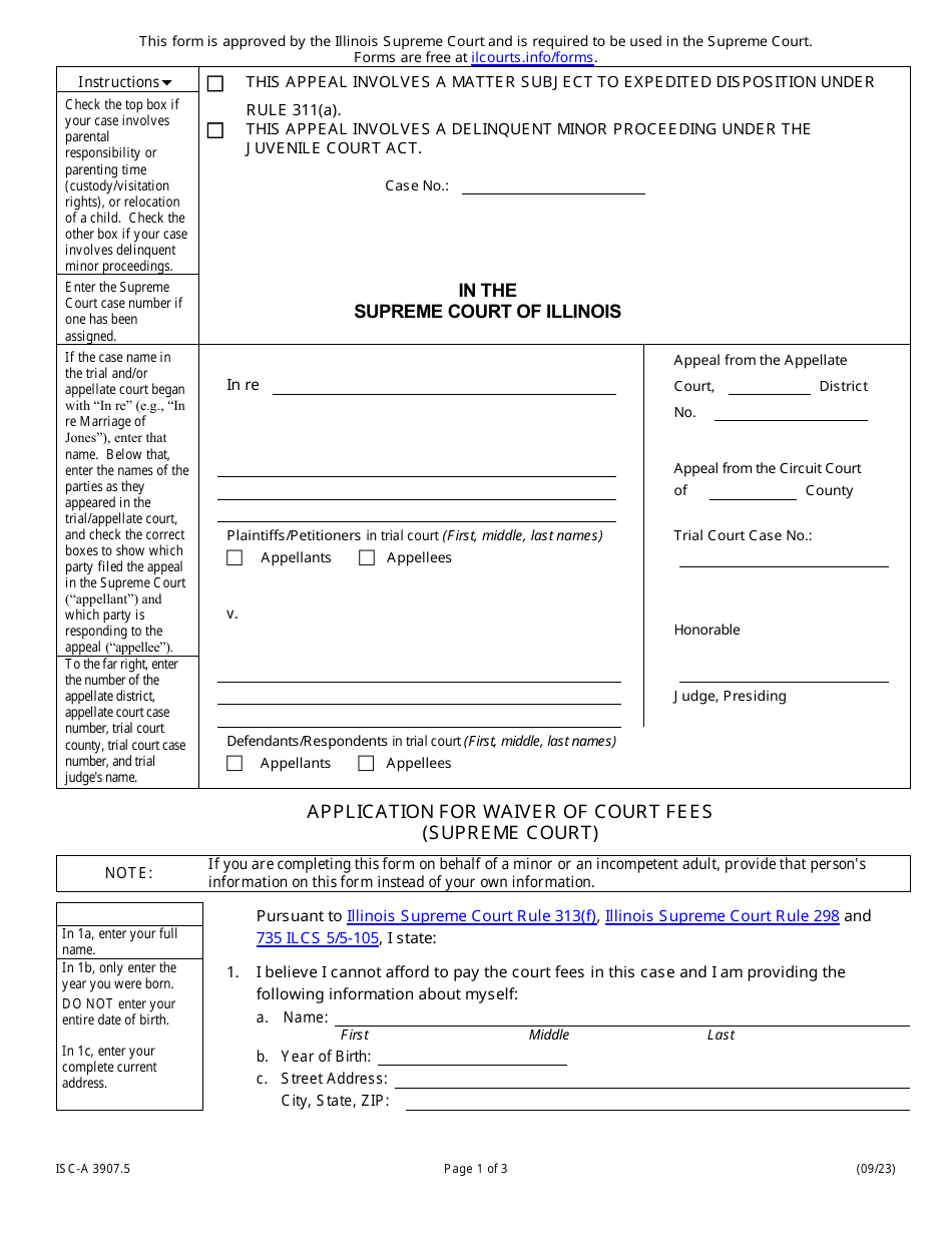 Form ISC-A3907.5 Application for Waiver of Court Fees - Illinois, Page 1