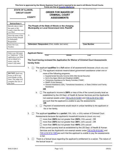 Form WAC-O624.3 Order for Waiver of Criminal Court Assessments - Illinois