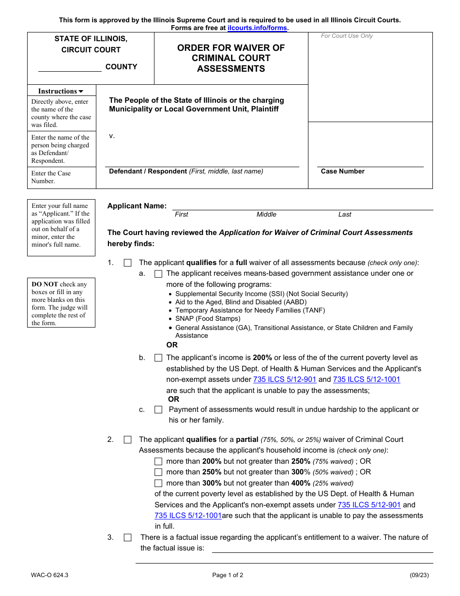 Form WAC-O624.3 Order for Waiver of Criminal Court Assessments - Illinois, Page 1