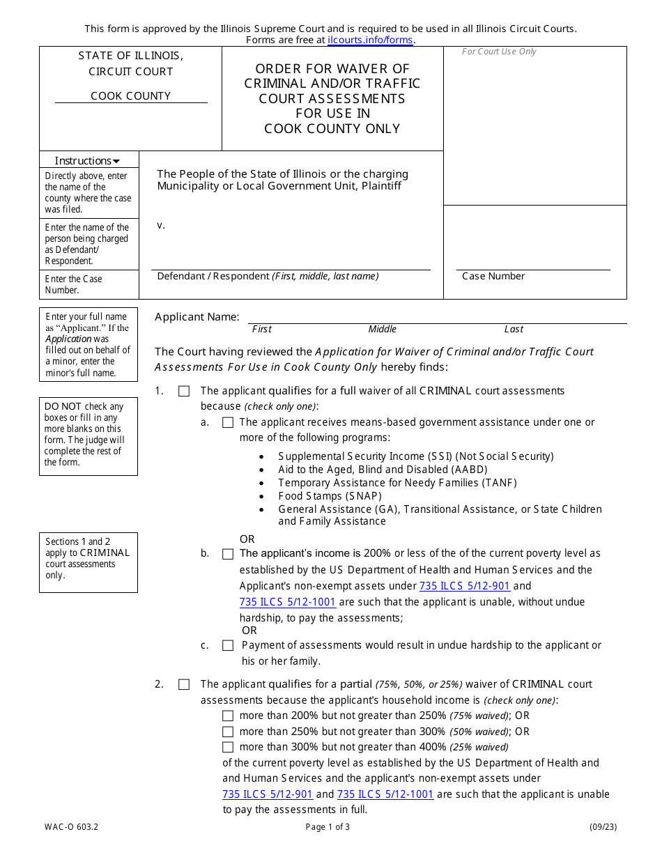 Form WAC-O603.2 Order for Waiver of Criminal and / or Traffic Court Assessments for Use in Cook County Only - Illinois, Page 1