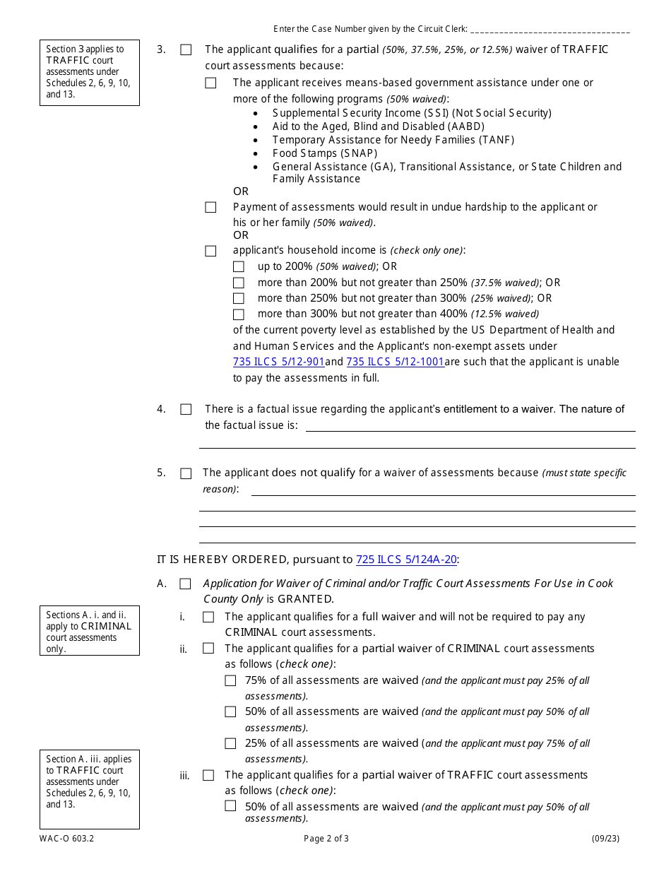 Form WAC-O603.2 Order for Waiver of Criminal and / or Traffic Court Assessments for Use in Cook County Only - Illinois, Page 2