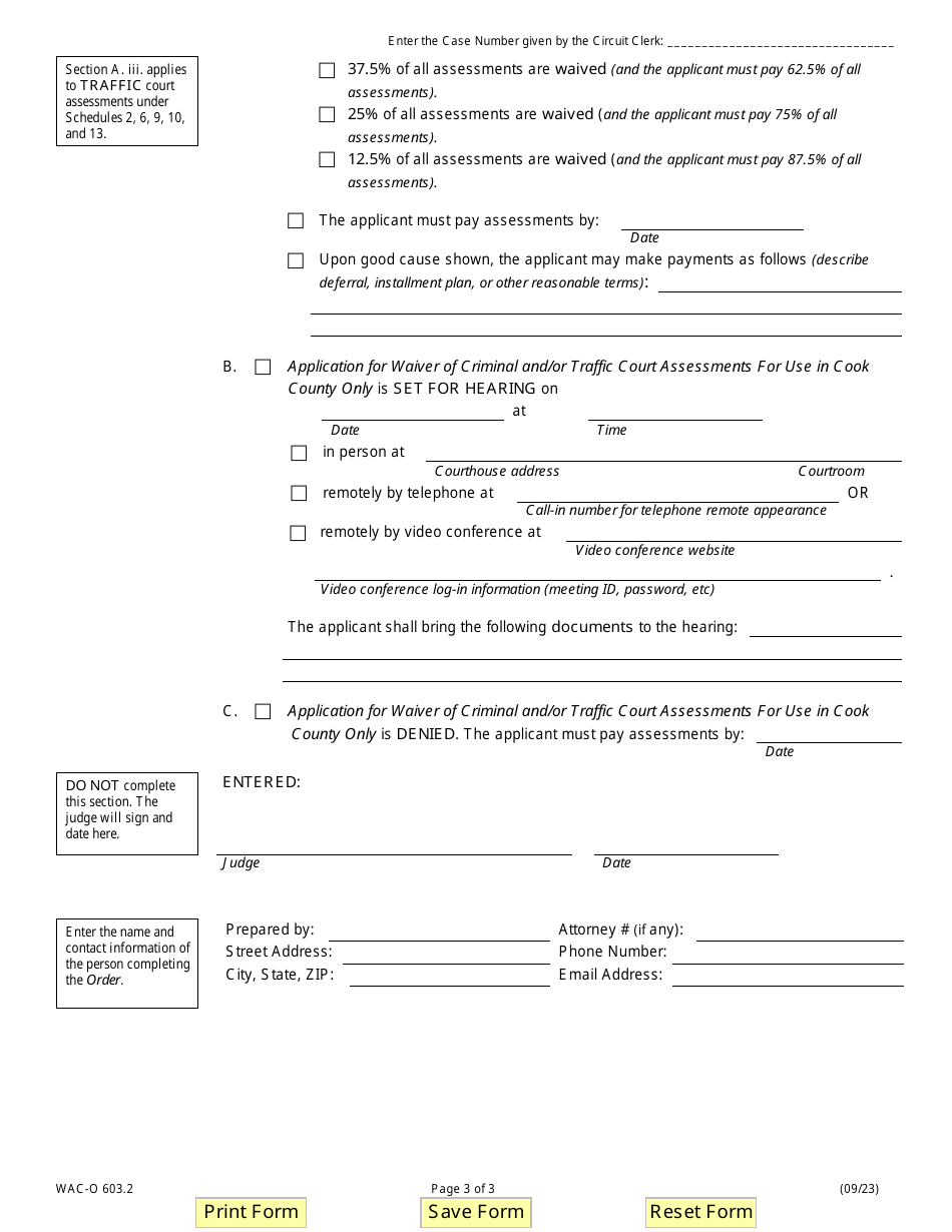 Form WAC-O603.2 Order for Waiver of Criminal and / or Traffic Court Assessments for Use in Cook County Only - Illinois, Page 3