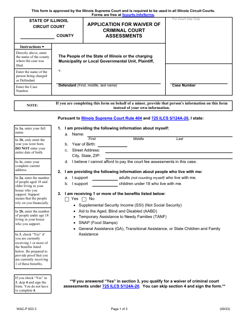 Form WAC-P623.3 Application for Waiver of Criminal Court Assessments - Illinois