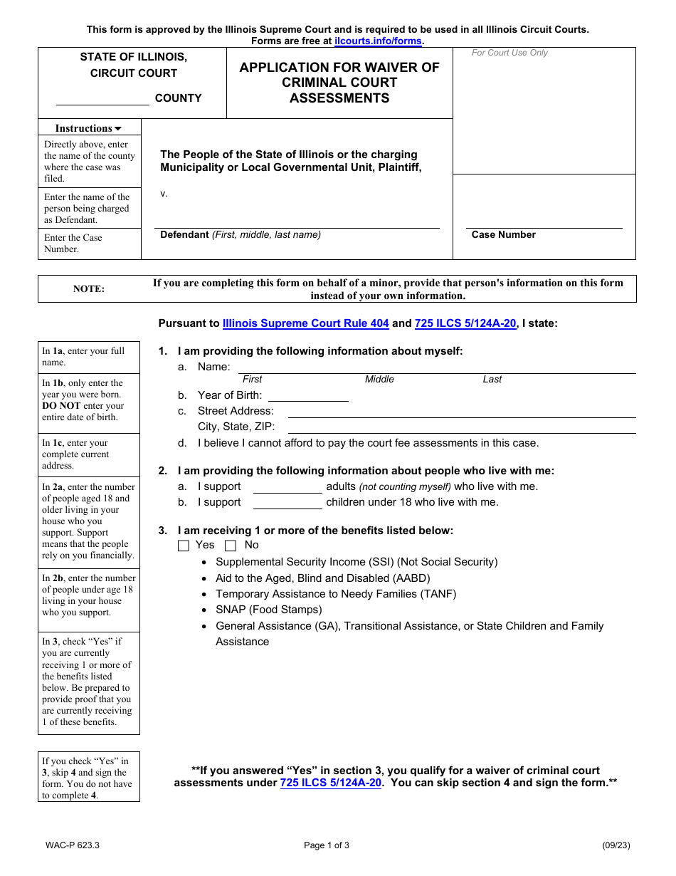 Form WAC-P623.3 Application for Waiver of Criminal Court Assessments - Illinois, Page 1