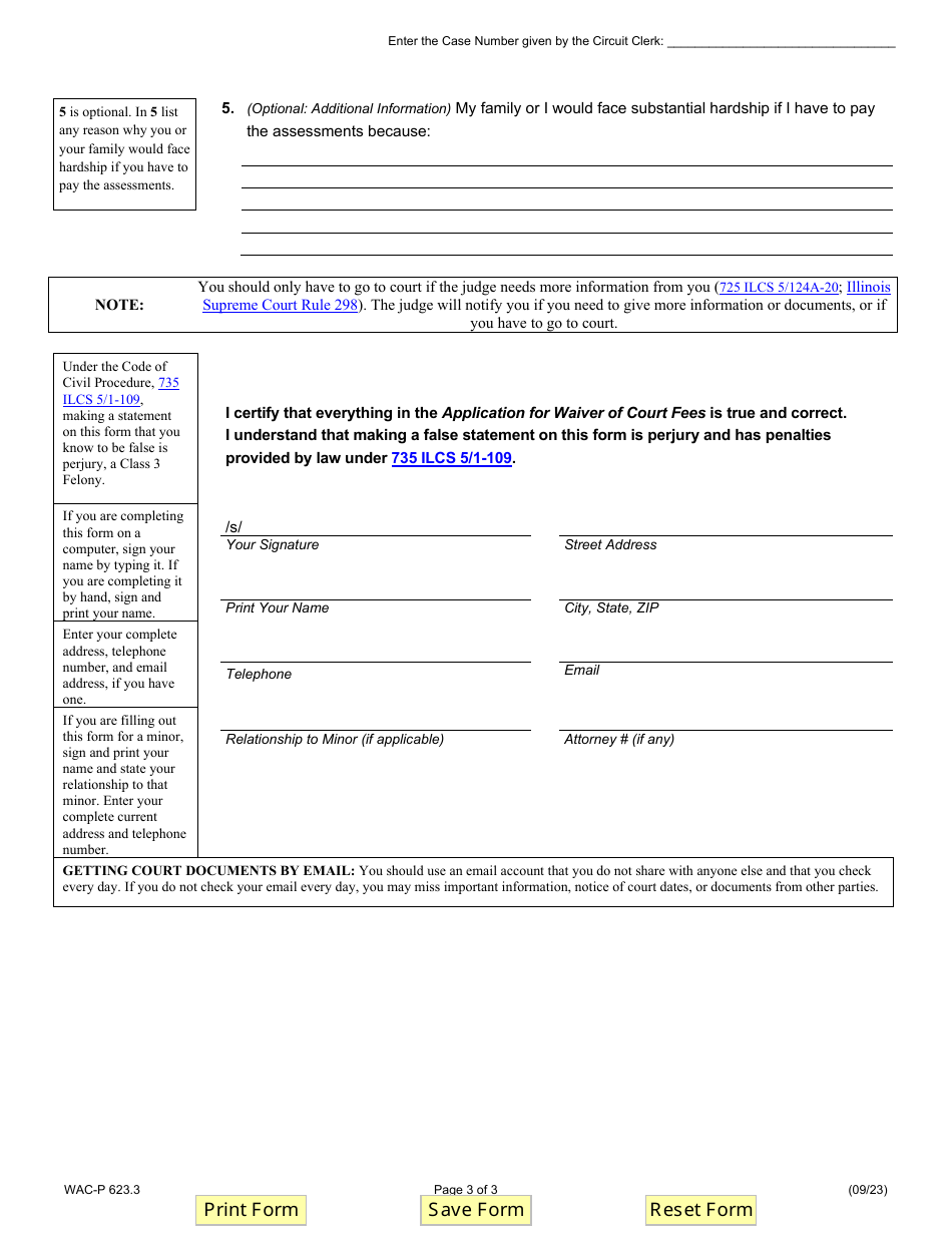 Form WAC-P623.3 Application for Waiver of Criminal Court Assessments - Illinois, Page 3