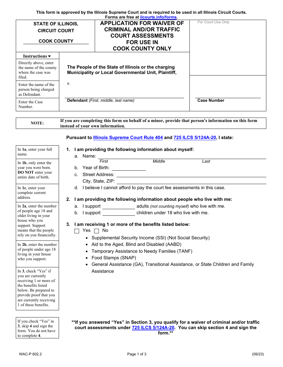 Form WAC-P602.2 Application for Waiver of Criminal and / or Traffic Court Assessments for Use in Cook County Only - Illinois, Page 1