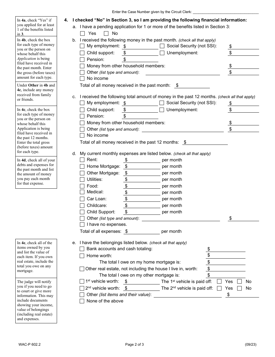 Form WAC-P602.2 Application for Waiver of Criminal and / or Traffic Court Assessments for Use in Cook County Only - Illinois, Page 2