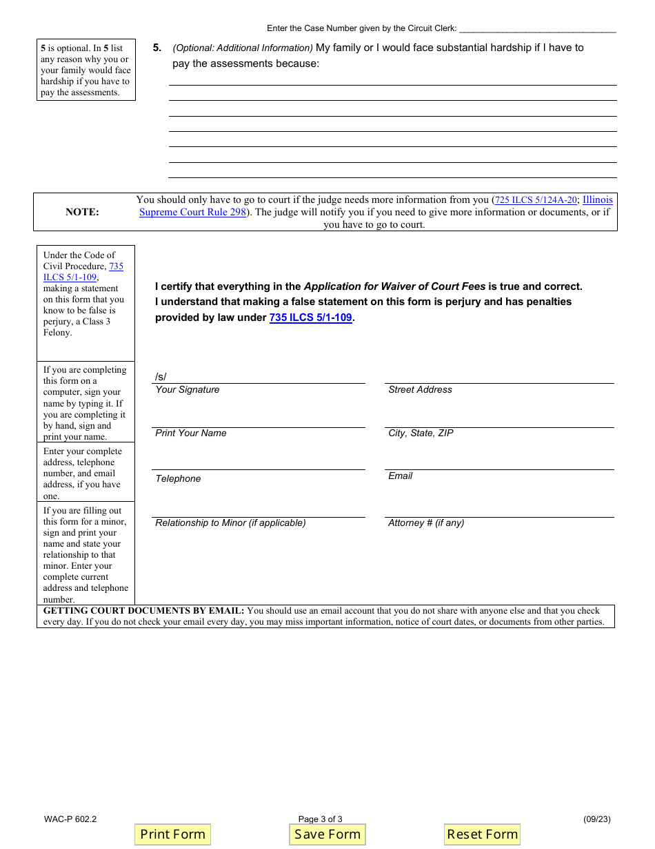 Form WAC-P602.2 Application for Waiver of Criminal and / or Traffic Court Assessments for Use in Cook County Only - Illinois, Page 3
