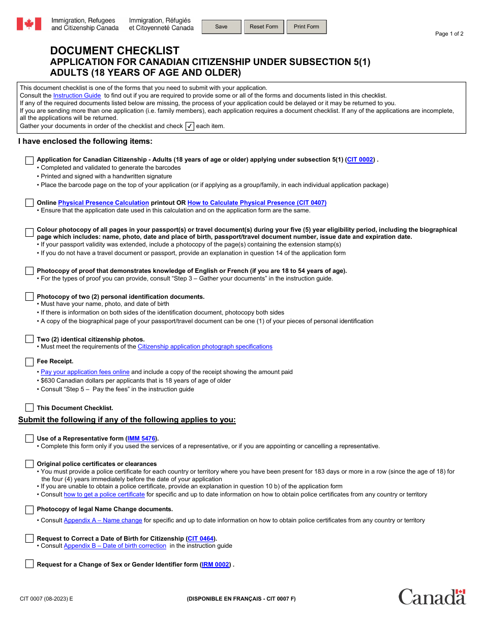 Form CIT0007 Document Checklist: Application for Canadian Citizenship Under Subsection 5(1) - Adults (18 Years of Age and Older) - Canada, Page 1