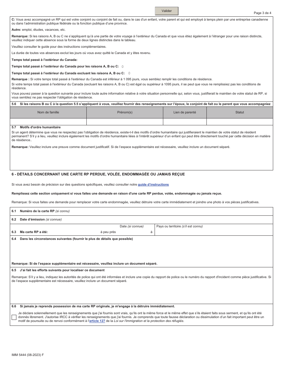 Forme IMM5444 Demande Dune Carte De Resident Permanent (Carte Rp) Ou Un Titre De Voyage Pour Resident Permanent (Tvrp) - Canada (French), Page 3