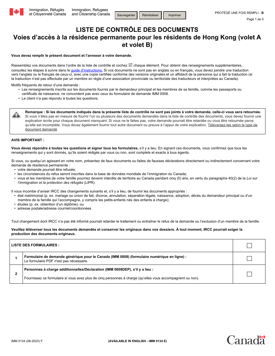 Forme IMM0134 Liste De Controle DES Documents: Voies Dacces a La Residence Permanente Pour Les Residents De Hong Kong (Volet a Et Volet B) - Canada (French), Page 1