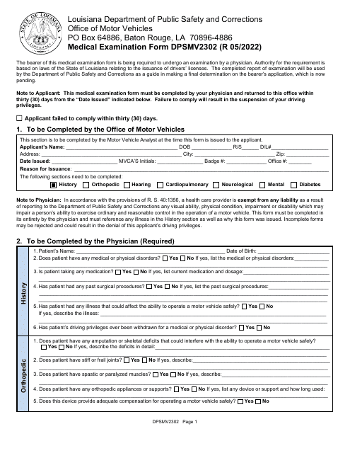 Form DPSMV2302 Medical Examination Form - Louisiana