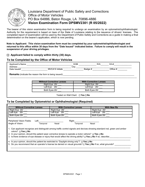 Form DPSMV2301 Vision Examination Form - Louisiana