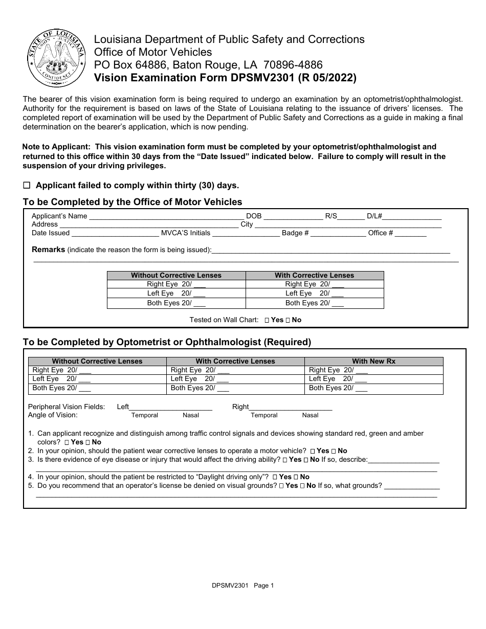 Form DPSMV2301 Vision Examination Form - Louisiana, Page 1