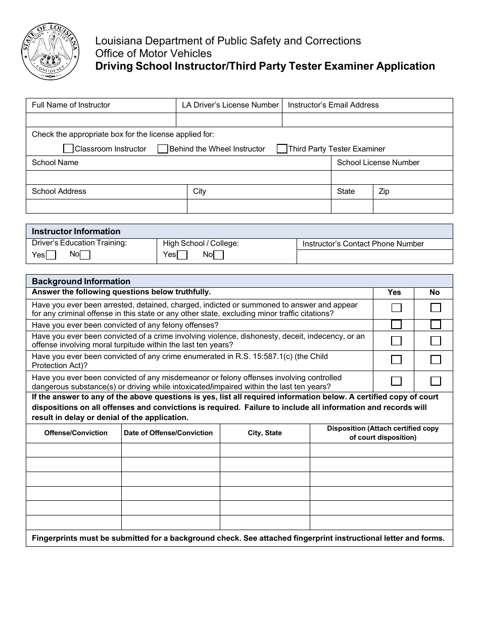 Driving School Instructor / Third Party Tester Examiner Application - Louisiana, Page 1