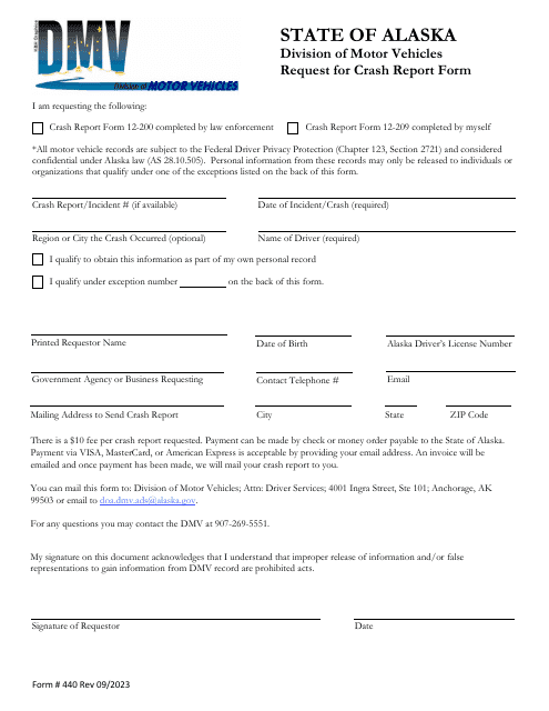 Form 440 Request for Crash Report Form - Alaska