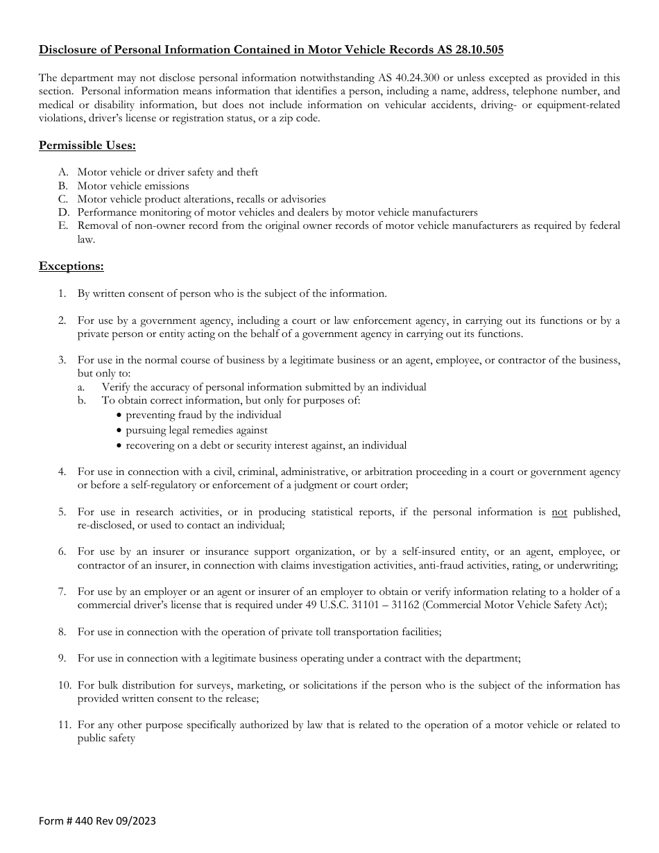 Form 440 Request for Crash Report Form - Alaska, Page 2