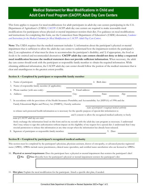 Medical Statement for Meal Modifications in Child and Adult Care Food Program (CACFP) Adult Day Care Centers - Connecticut Download Pdf