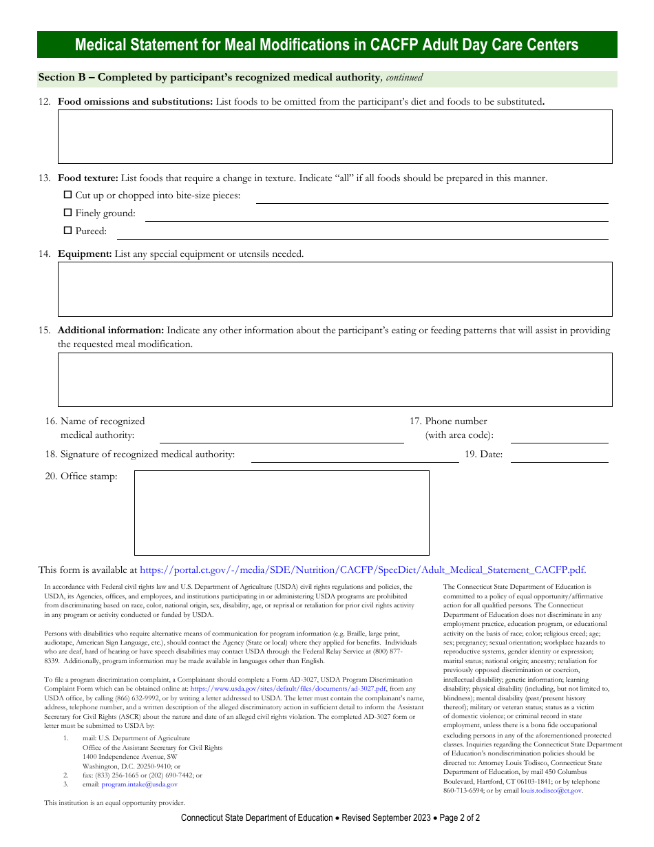 Medical Statement for Meal Modifications in Child and Adult Care Food Program (CACFP) Adult Day Care Centers - Connecticut, Page 2
