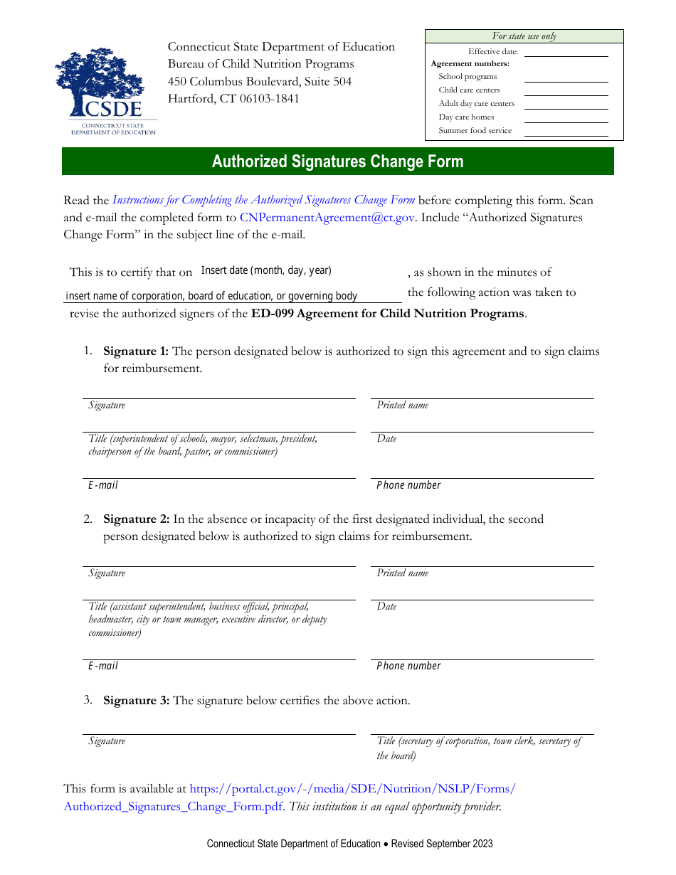Authorized Signatures Change Form - Connecticut, Page 1